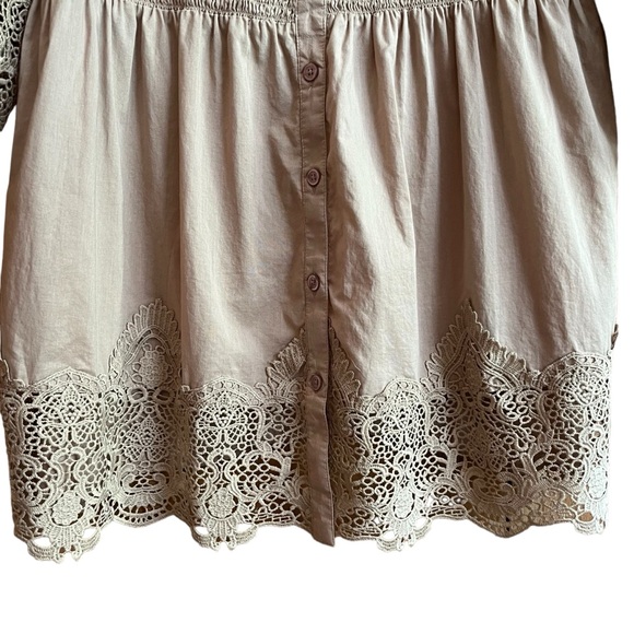 Alyssa W Collection Cotton Boho Button Up Smocked Tunic Lace Details Tan - Picture 4 of 12